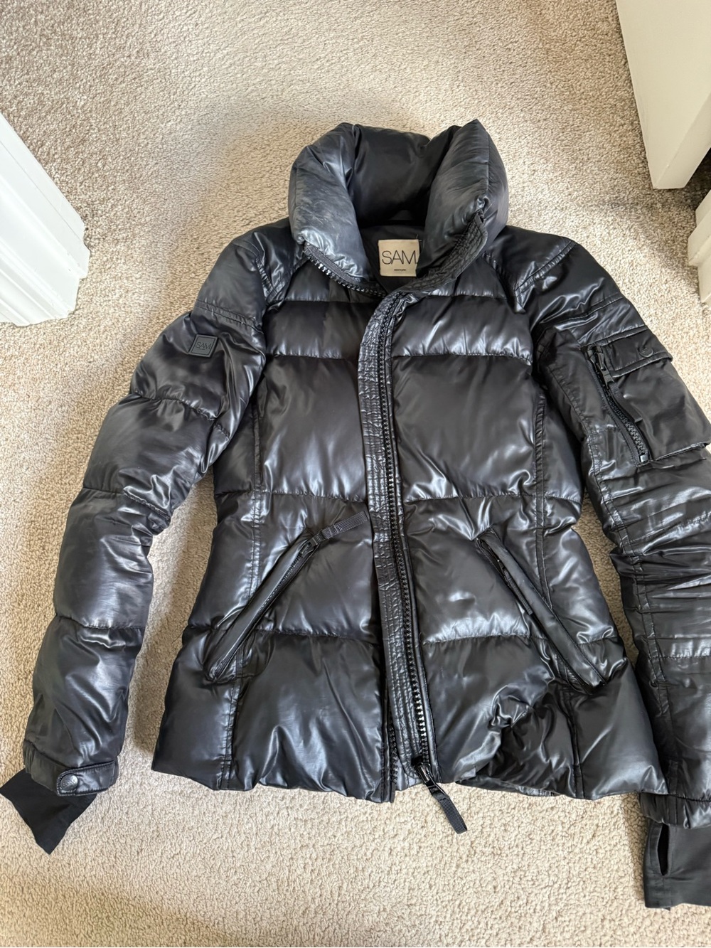 SAM. Shiny Black Quilted Puffer Jacket with High Collar